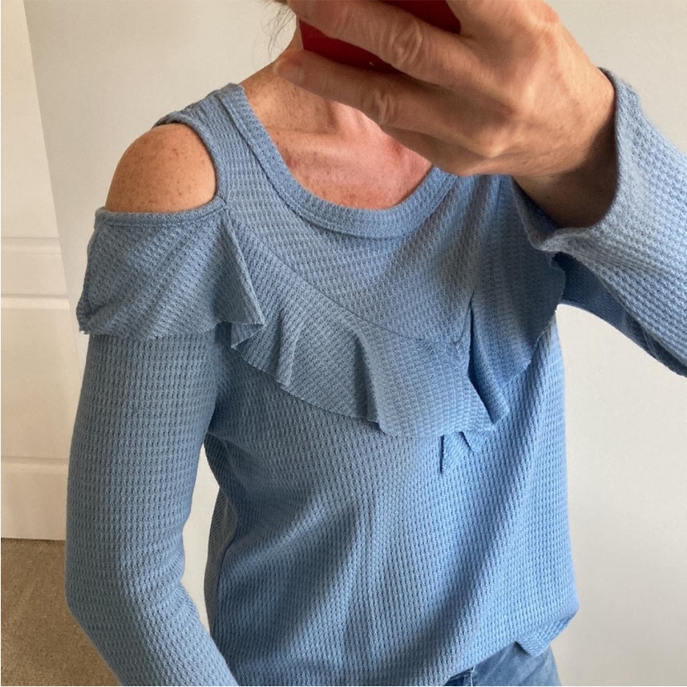 Women's Blue Ruffle Cold Shoulder Top - Picture 8 of 8